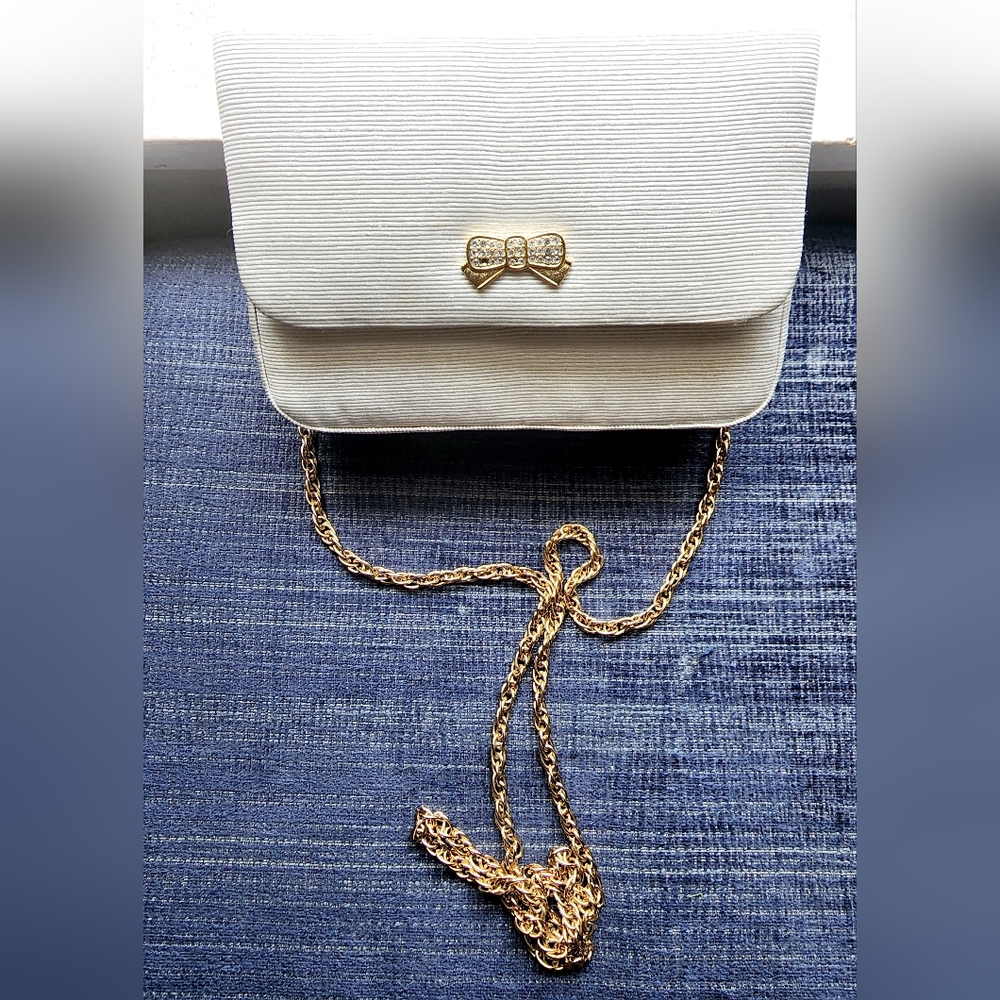 Vintage Talbots white textured cloth square gold chain crossbody formal purse